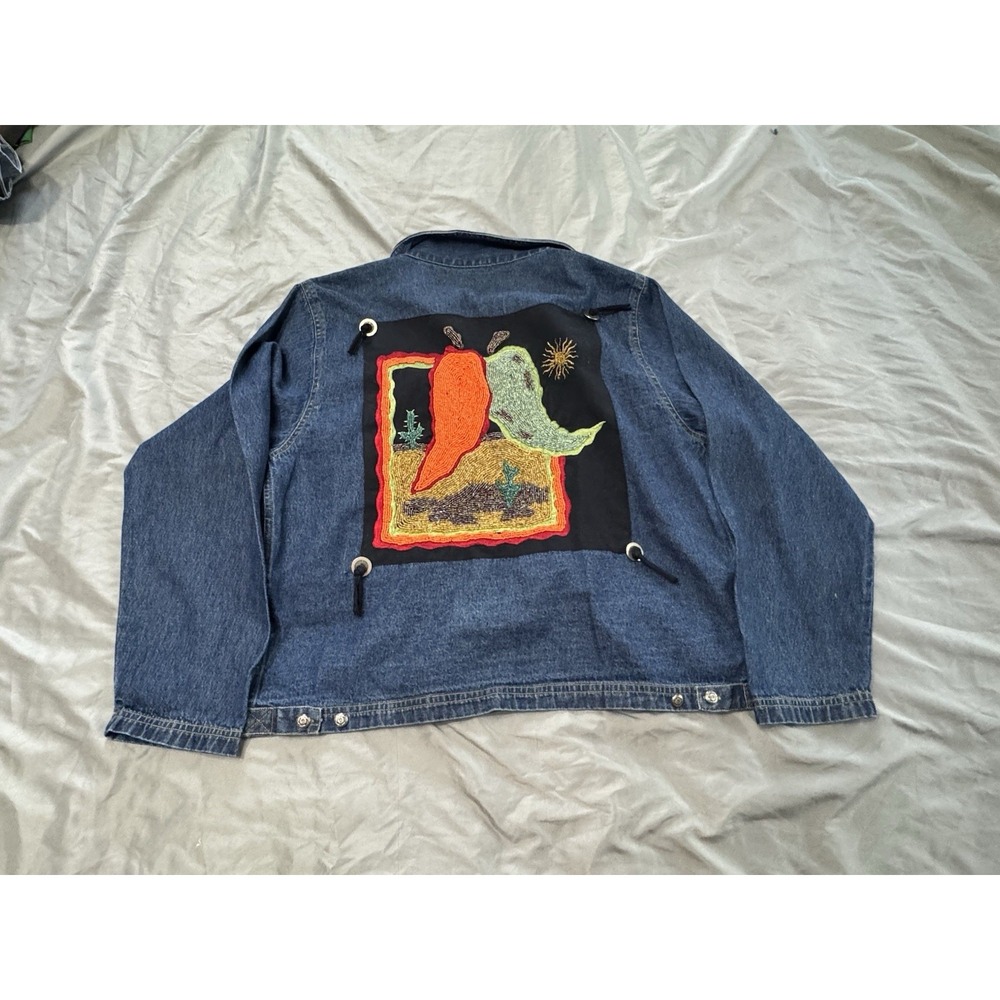 RS Sport Vintage Southwestern Chili Peppers Cactus Beaded Denim Jacket Large